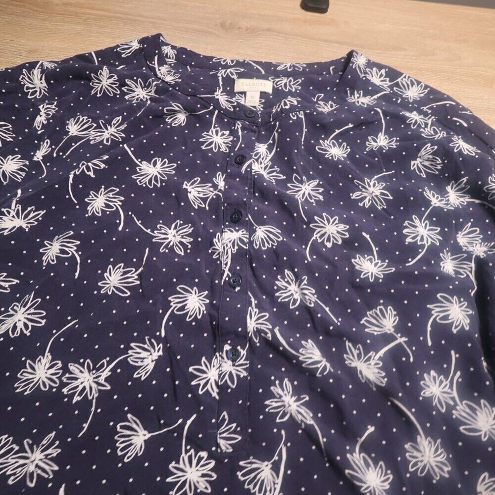 Talbots Navy Floral Rayon Blouse XL Long Sleeve Button Front Cottagecore - Picture 9 of 10